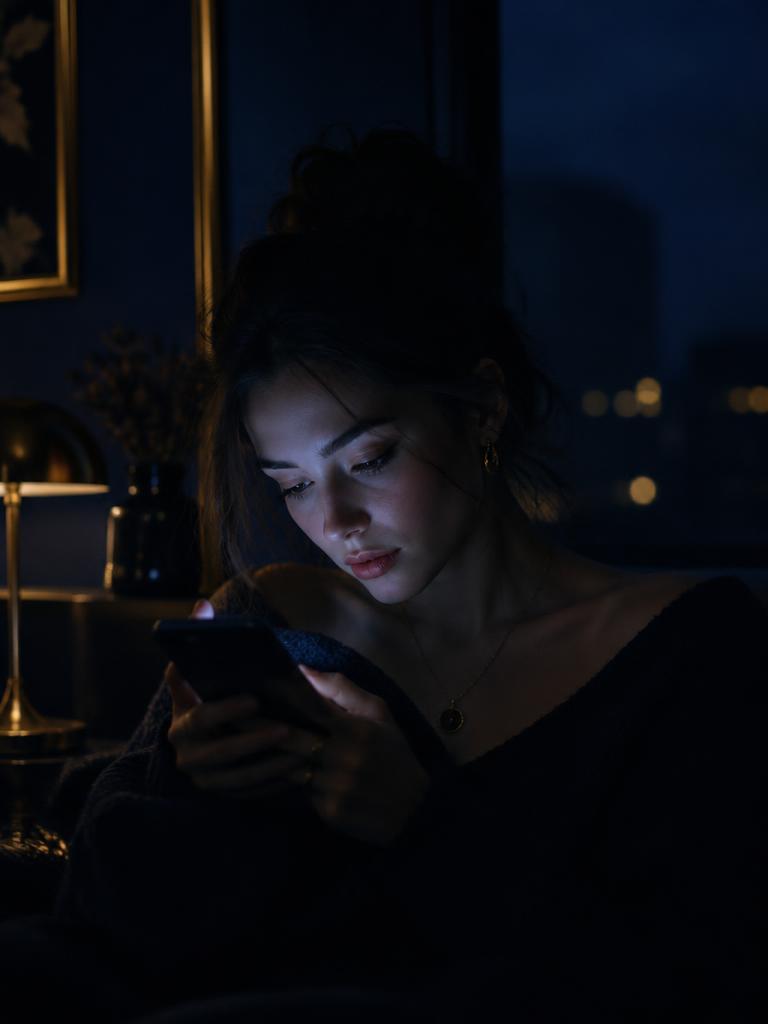 Kobieta nocą wpatrzona w telefon